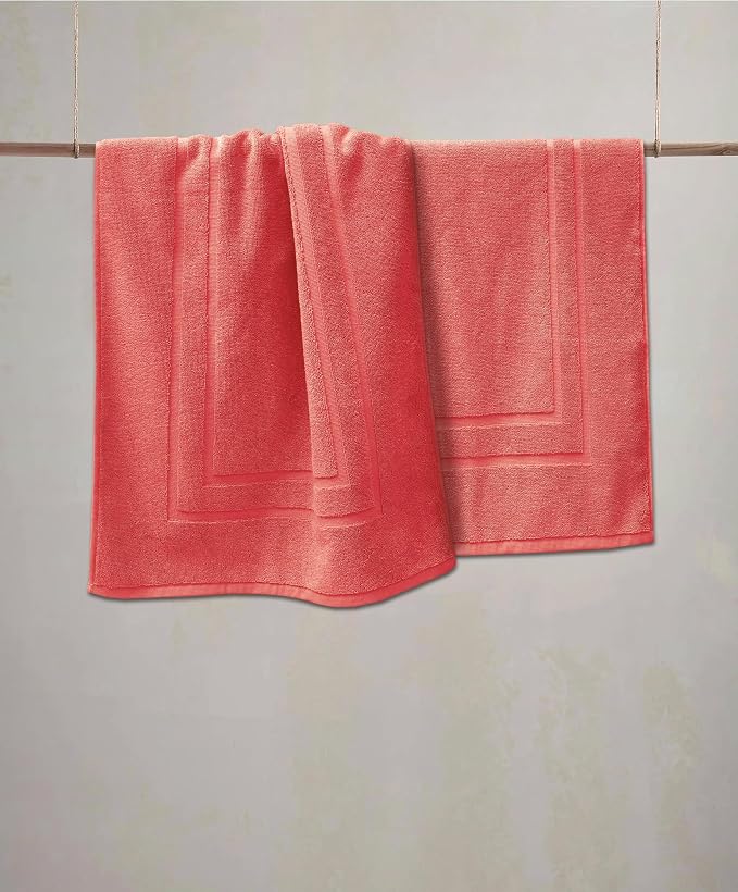 Feather & Stitch 2 Piece Towel Like Bath Mats (30x21 Inch) 100% Cotton Terry Bath Mat, Bathroom Shower Floor Mat [NOT A Bathroom Rug], Soft Absorbent Washable Mats - Coral