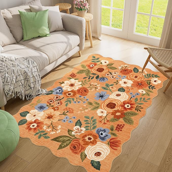 DUKINO 4x6 Area Rug, Floral Non-Slip Indoor Washable Rug with Low Pile & Non-Shedding, Lightwight Boho Design Carpet for Entryway, Bedroom, Kids Room, Living Room, Kitchen, Orange