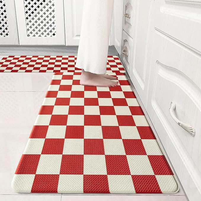 Beige Red Checkered Grid Checkerboard Kitchen Rug Sets [2 PCs], Anti-Fatigue, Waterproof Non-Slip Kitchen Mats Heavy Duty Comfort Foam Rug for Kitchen, Floor, Home, Laundry,17"x29"+17"x47"