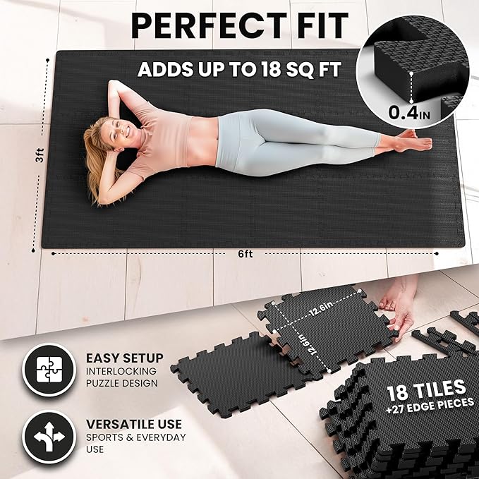 bemaxx Gym Mats Set - 18 pcs EVA Interlocking Foam Floor Tiles (12.6"x12.6"x0.4") 18sqft Protective Gym Flooring Sports Home Workout Exercise Mats Puzzle Garage Fitness Play-Room Pool Treadmill Bike