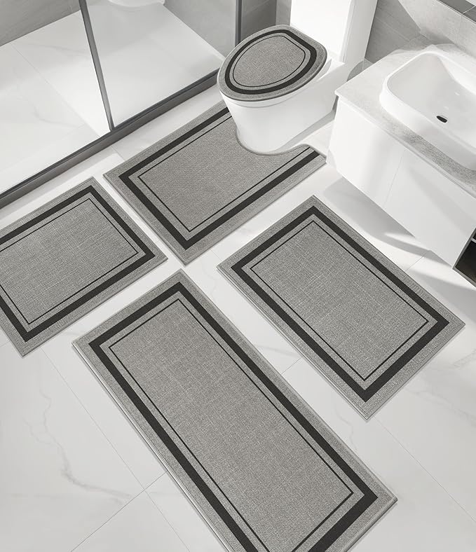 chakme 5 Piece Bathroom Rug Sets, Ultra Thin Bath Mat,Absorbent Non Slip, Durable,Geometric Pattern, Dark Grey, 17" x 24"/17" x 30"/17" x 59"
