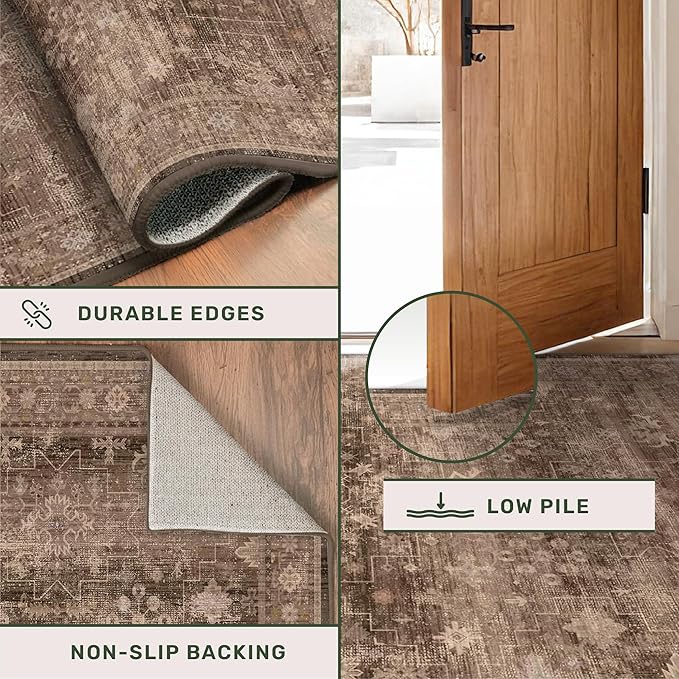 Brown Washable Long Runners for Hallways, 2x10 Wide Kitchen Runner Rug, Entryway Indoor Rug, Non Slip Rubber Backing Boho Vintage Dark Floor Decor