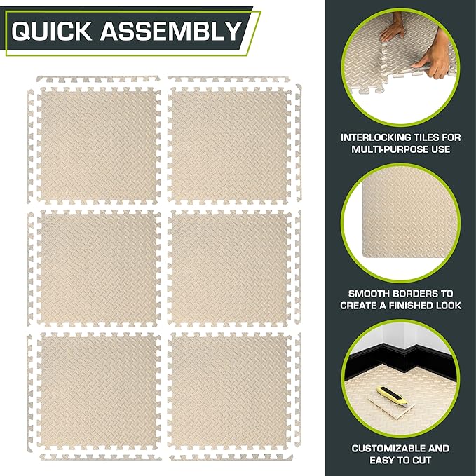 ProsourceFit Exercise Puzzle Mat 1/2-inch, EVA Interlocking Foam Floor Tiles for Home Gym, Workout Equipment, Kids Play Areas, Beige, 24 Sq Ft - 6 Tiles