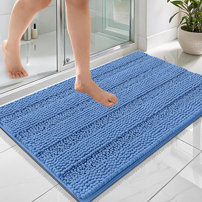 OLANLY Thick Bathroom Rugs 36x24, Extra Soft Absorbent Chenille Striped Bath Rugs, Rubber Backing, Machine Wash, Bath Mats for Bathroom Floor, Tub and Shower, Home Decor Accessories, Cornflower Blue