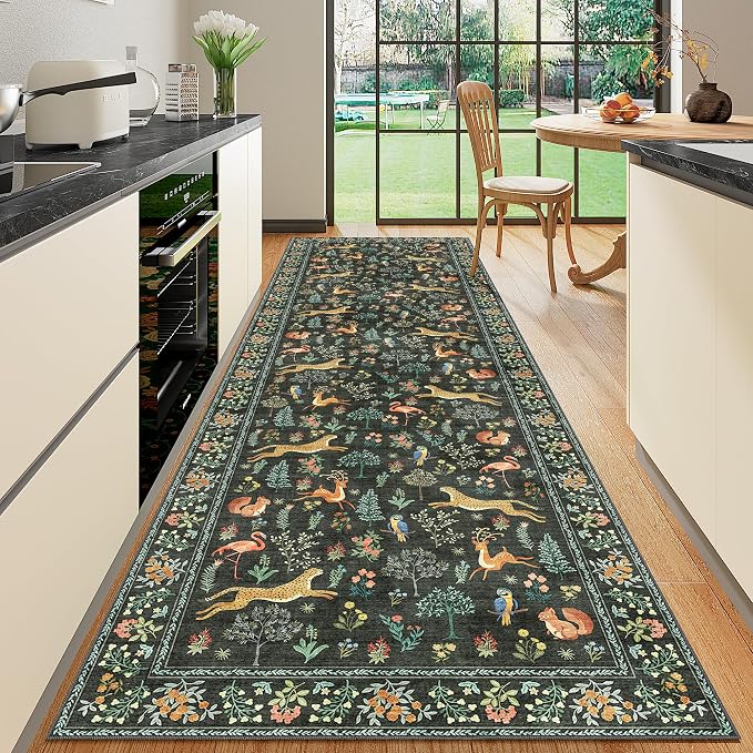 DUKINO 3x10 Washable Runner Rug for Hallway, Lightweight Long Kitchen Rug with Low Pile Design, Vintage Animal Non Shedding Thin Indoor Carpet for Entryway, Bathroom, Bedroom, Laundry Room, Black