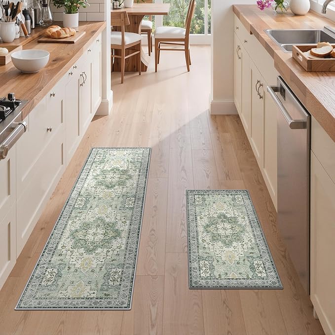 GENIMO Kitchen Rugs Non Slip Washable, 2PCS Kitchen Mats for Floor, Cushioned Standing Mat, Kitchen Runner Rug Floor Mat for Kitchen Decor, Laundry, Sink, Entryway, Home, 20"x32"+20"x59", Light Green