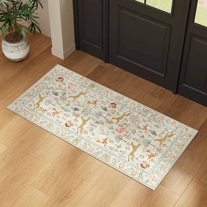 DUKINO 2x4 Rug for Hallway, Washable Kitchen Runner Rug with Non Slip Backing, Soft Low Pile Vintage Animal Runner for Bedroom, Kitchen, Hallway, Entryway, Laundry, Beige