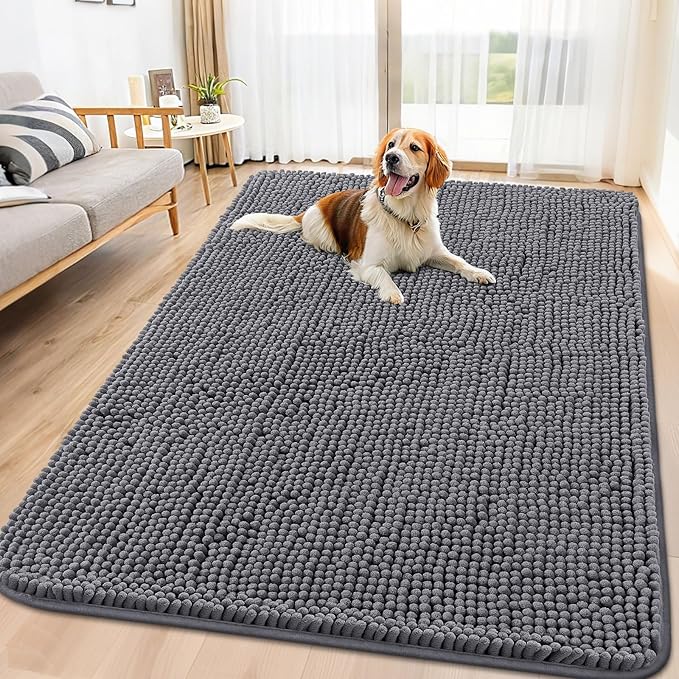 Smiry Dog Door Mat for Muddy Paws 70x32, Absorbent Dirt Trapper, Non-Slip Washable Chenille Entryway Rug for Inside Floor, Dark Grey, Classic Solid