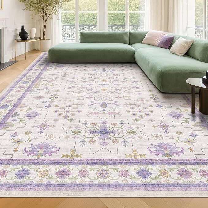 8x10 Large Lavender Rug for Bedroom, Floral Area Rug for Living Room, Dinning Room Under Table, Cute Fantasy Décor, Non Slip Low Pile Stain Resistant Washable Foldable Carpet