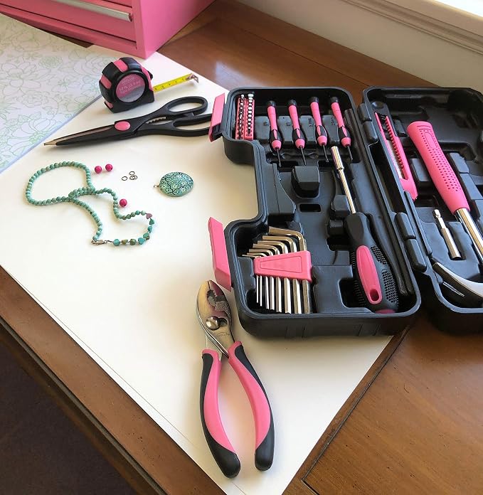 Apollo Tools Original 39 Piece General Household Tool Set in Toolbox Storage Case with Essential Hand Tools for Everyday Home Repairs, DIY and Crafts - Pink Ribbon - Pink - DT9706P