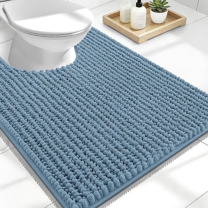 OLANLY Thick Toilet Rugs U-Shaped 24x20, Extra Soft Absorbent Shaggy Chenille Contour Bathroom Rugs for Toilet, Dry Quickly, Machine Washable, Non-Slip Bath Mat, Airy Blue