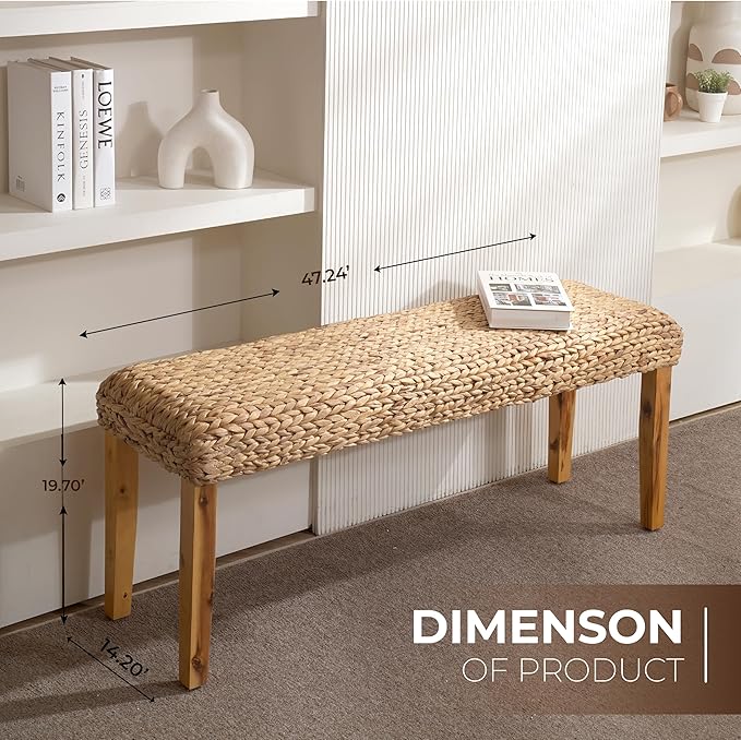 Solid Wood Acacia Indoor Bench with Natural Woven Seat, 47 Inch Wood Bench for Living Room or Entryway Bench, Bedroom End of Bed Bench or Dining Benches, Window Bench (Fishbone, Water Hyacinth)