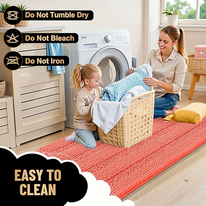 OLANLY Thick Bathroom Runner Rugs 44x24, Extra Absorbent Chenille Striped Bath Rugs, Rubber Backing, Machine Wash Dry, Long Bath Mats for Bathroom Floor, Tub and Shower, Home Decor Accessories, Coral