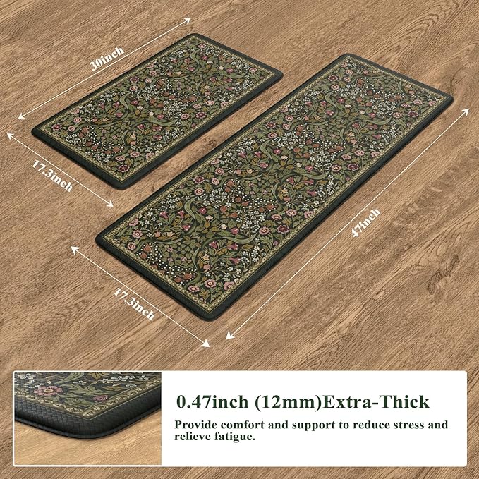Collive Anti Fatigue Kitchen Mats, Spring Green Floral Kitchen Rugs Sets of 2 Non Slip Waterproof Standing Mat, Washable Vintage Comfort Desk Rug for Office, Sink, Laundry, 17.3"x29"+17.3"x47"