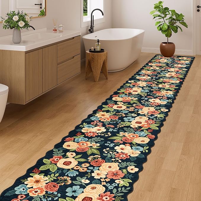 DUKINO 2x14 Long Hallway Runner Rug, Non Slip Floral Washable Runner Rug for Kitchen, Boho Low Pile Thin Indoor Carpet for Hallways, Entryway, Bathroom, Kitchen, Bedroom, Navy Blue