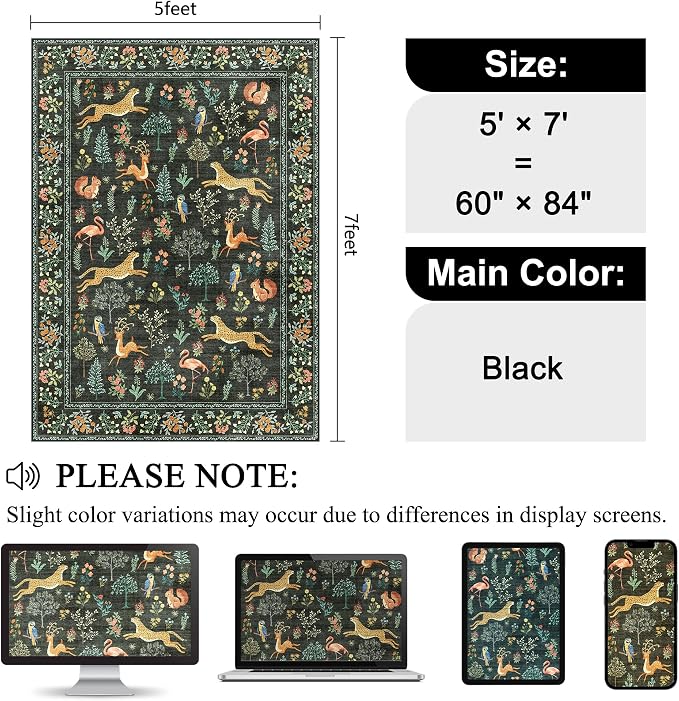 DUKINO 5x7 Rug, Washable Animal Living Room Rug with Non Slip Vintage Design, Soft Low Pile Large Carpet for Bedroom, Nursery, Dining Room, Farmhouse, Playroom, Black