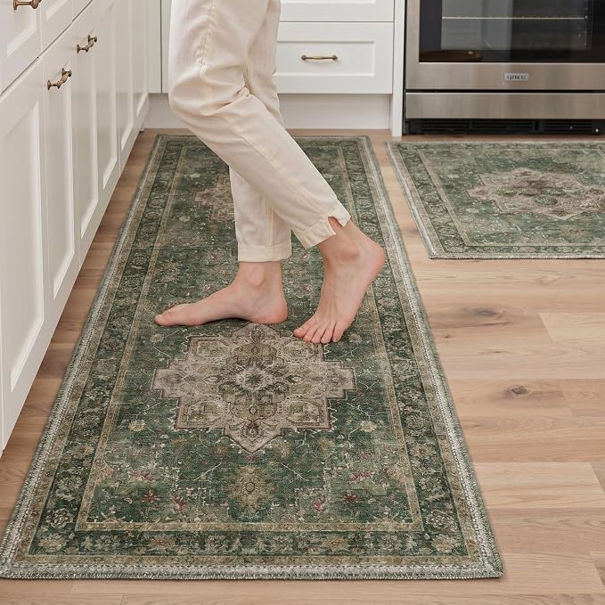 GENIMO Kitchen Rug Sets of 2, Non-Slip Washable Low-Pile Kitchen Mats for Floor, Waterproof Kitchen Runner Rug, for Hallway, Laundry, Sink, Entryway, Bathroom, 20"x32"+20"x48", Deep Green