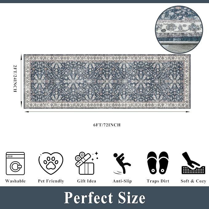 2x6ft Washable Hallway Carpet Runner – Non-Skid Floor Runner Rug for Kitchen Indoor Entryway Bedroom Bathroom Bedside – Boho Vintage Soft Low-Pile Area Rug (Blue,2x6)