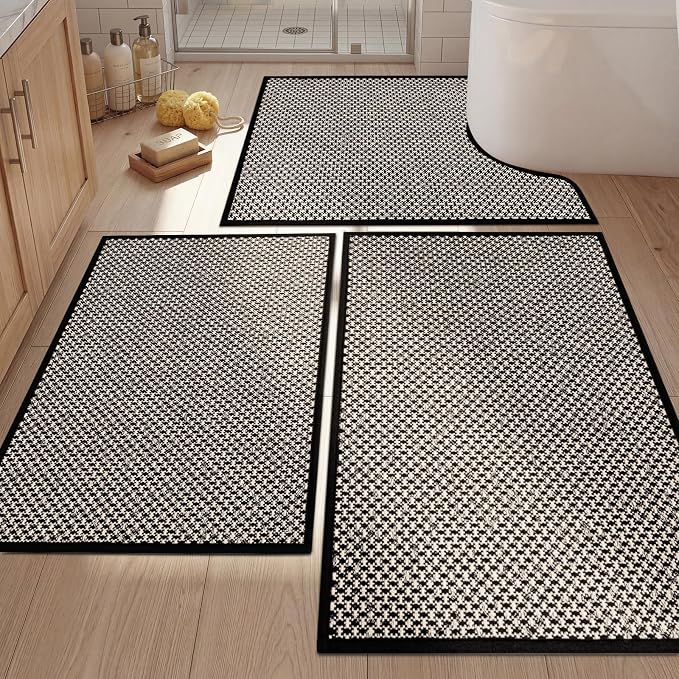 YIHOUSE Thin Bath Mat Black Bathroom Rugs Sets 3 Pieces, Non Slip Absorbent Bath Mats Quick Dry, Woven Braided Rugs Washable, Rubber Tapetes para Baño for Bathroom Toliet,Bathtub