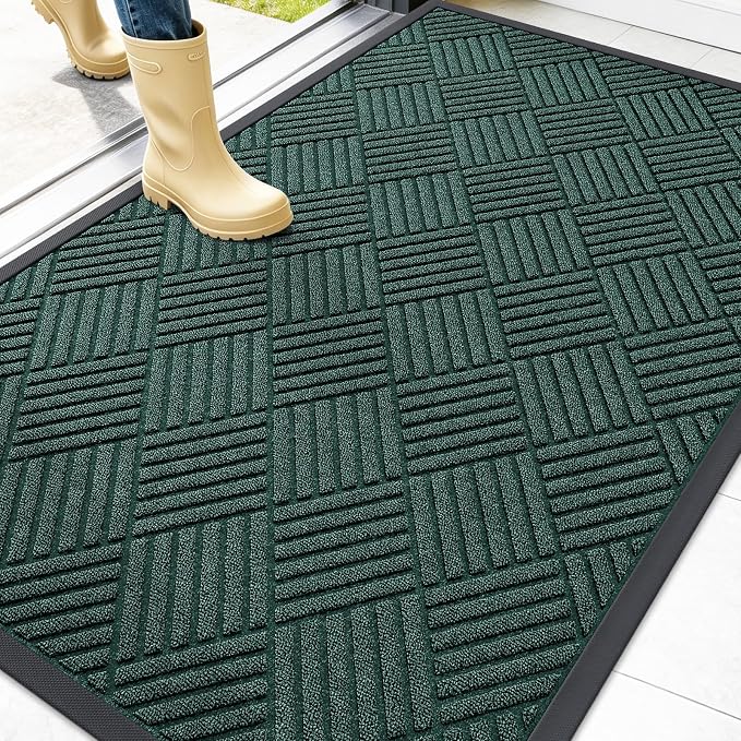 OLANLY Front Door Mat Outside Entrance 47x32, Absorbent, Heavy Duty Sturdy Natural Rubber Doormat Indoor Outdoor, Stain Fade Resistant, Non-Slip Low Profile Floor Mat for Entryway, Black Green Diamond