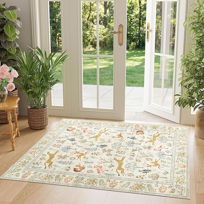 DUKINO 3x4 Washable Entryway Rug, Vintage Animal Ultra Soft Kitchen Area Rug with Non Slip Backing, Low Pile & Stain Resistant Indoor Door Mat for Bathroom, Bedroom, Laundry Room, Office, Beige