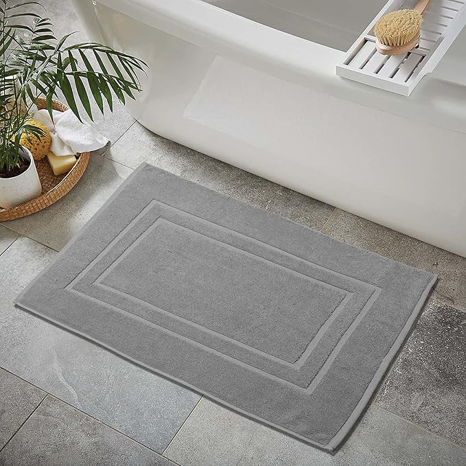 Feather & Stitch 2 Piece Towel Like Bath Mats (30x21 Inch) 100% Cotton Terry Bath Mats, Bathroom Shower Floor Mats [NOT A Bathroom Rug], Soft Absorbent Washable Mats - Dark Grey