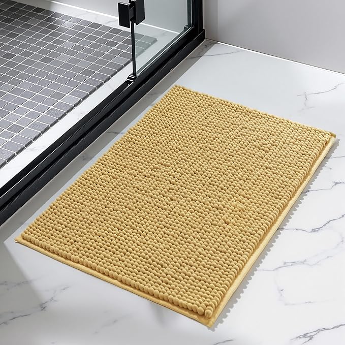 SUBRTEX Bathroom Rugs Chenille Bath Rug, Soft Short Plush Bath Mat, Water Absorbent Shower Mat, Quick Dry Machine Washable(Yellow, 18" x 24")
