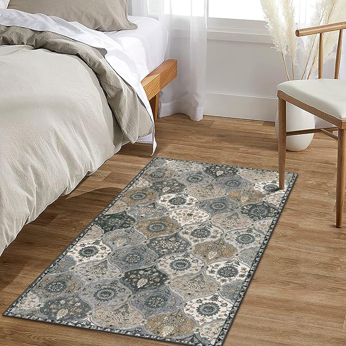 Lahome Moroccan Trellis Small Area Rug, 2x4 Rugs for Entryway Non-Slip Vintage Ultra-Thin Washable Indoor Door Mat Distressed Throw Carpet for Bathroom Kitchen Bedroom Elise, Grey