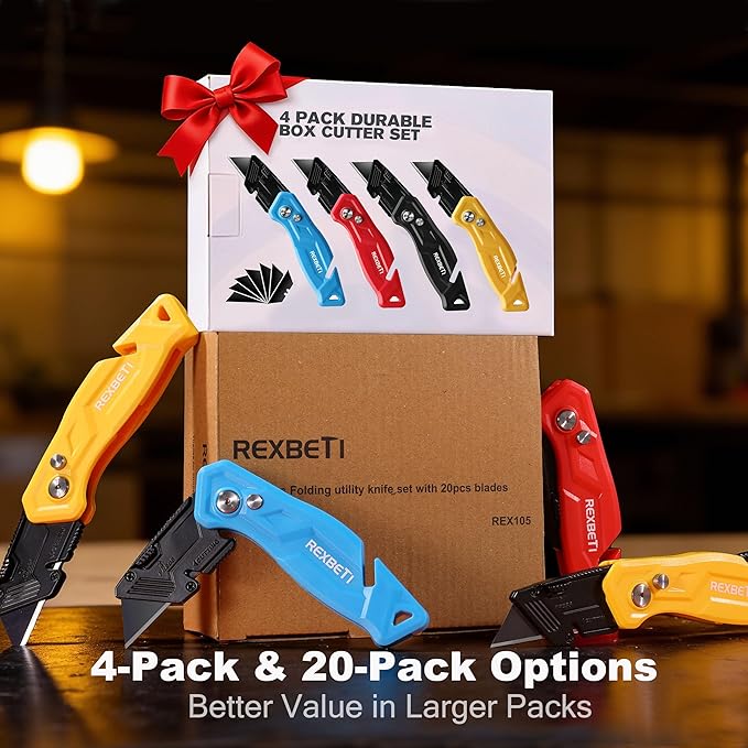 REXBETI Folding Pocket Utility Knife Quick-change SK2 Box Cutter for Cartons, Cardboard and Boxes, Back-lock Mechanism with 20 Extra Blades (12 folding utility knife)