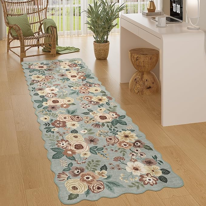 DUKINO 2x6 Runner Rug for Hallway, Washable Kitchen Rug with Non Slip Backing & Non-Shediing, Soft Low Pile Floral Design Runner for Bedroom, Kithchen, Living Room, Laundry, Bathroom, Sage Green