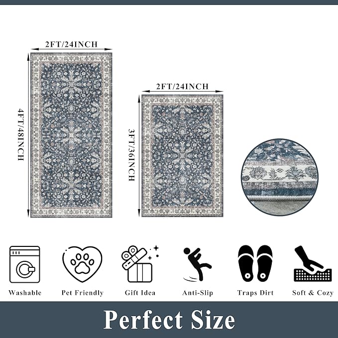 Kitchen Mats Set of 2 Washable Non-Slip – Soft Low Pile Boho Decorative Runner Rugs for Kitchen Floor, Sink & Stove, Kitchen Decor (Blue, 2x3+2x4)