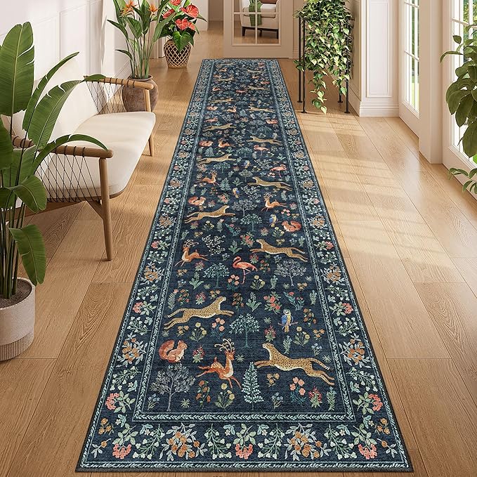 DUKINO 2.6x12 Hallway Runner Rug, Vintage Washable Loog Kitchen Rug with Non Slip Backing, Stain Resistant & Low Pile Animal Print Carpet for Indoor Entrance Bathroom, Laundry, Bedroom, Navy Blue