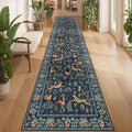 DUKINO 2.6x12 Hallway Runner Rug, Vintage Washable Loog Kitchen Rug with Non Slip Backing, Stain Resistant & Low Pile Animal Print Carpet for Indoor Entrance Bathroom, Laundry, Bedroom, Navy Blue