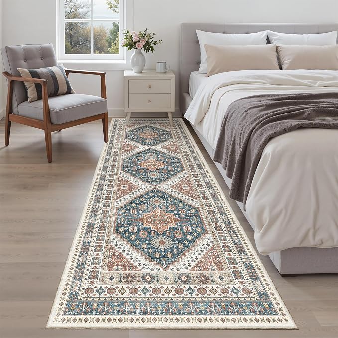 Madane Runner Rug 2'6''x8' Kitchen Runner, Hallway Runner Printed Vintage Washable Rugs Soft Non-Slip Low Pile 2.5x8 ft Runners for Hallways Laundry Room Rug Distressed Rug, Navy Blue