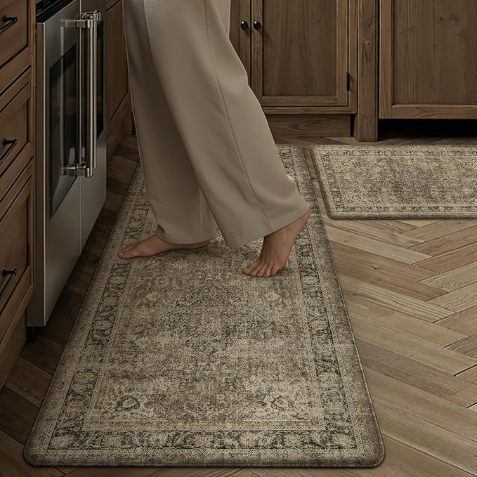 Vintage Kitchen Mats for Floor Anti Fatigue Waterproof Kitchen Rugs Sets of 2 Brown Cushioned Non-Slip Kitchen Mats Comfort Standing Mat for Sink Laundry Office 17.3"×47"+17.3"×30"