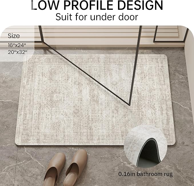 Mecko Bath Mat, Ultra Absorbent Quick Dry Bathroom Floor Mats-Rubber Non-Slip Thin Bathroom Rug Fit Under Door, Faux Suede Surface Shower Rug for Bathtub, Sink, Shower Room(Beige/Brown,16"x24")