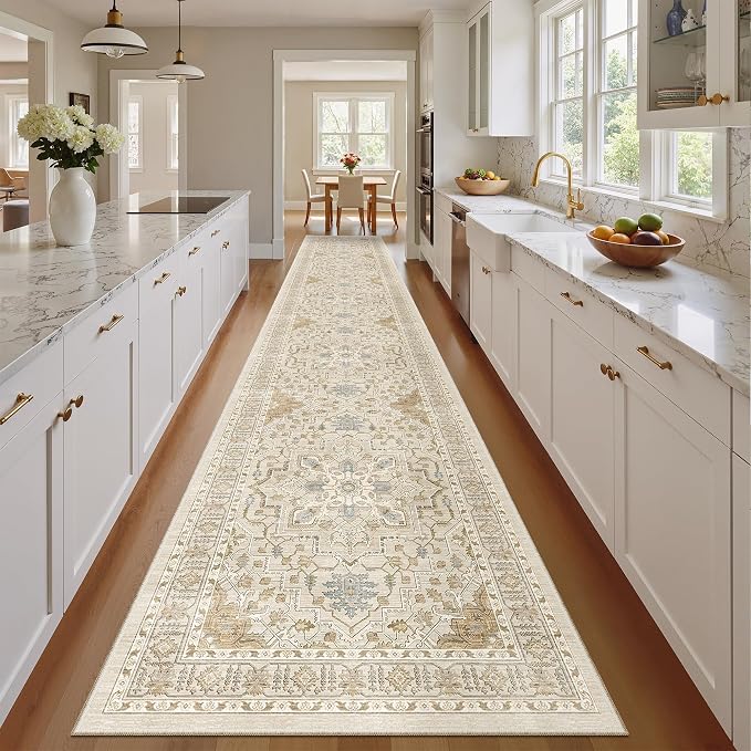 Madane Hallway Runner Rug 2'6''x16' Kitchen Runner - Non Slip Vintage Runners for Hallways Washable Kitchen Rugs Soft Low Pile 2.5x16 ft Rug Runners for Laundry Room, Entryway and Bedroom, Beige/Blue