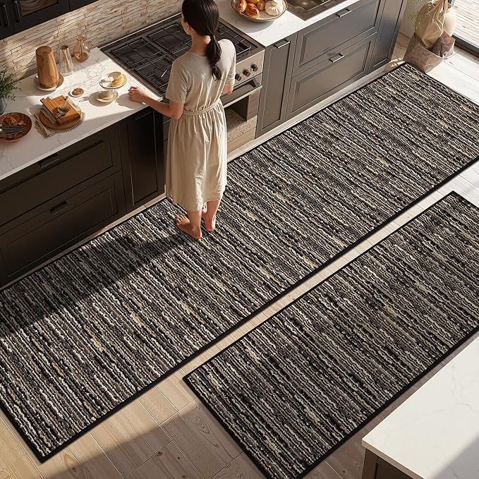 Kitchen Rugs Sets of 2-Non Slip Kitchen Mats for Floor-Thick Stain Resistant Vintage Kitchen Floor Mat Runner Carpet for Hallways Entryway Laundry Room Washable（Black 24"x79"+20"x47"）