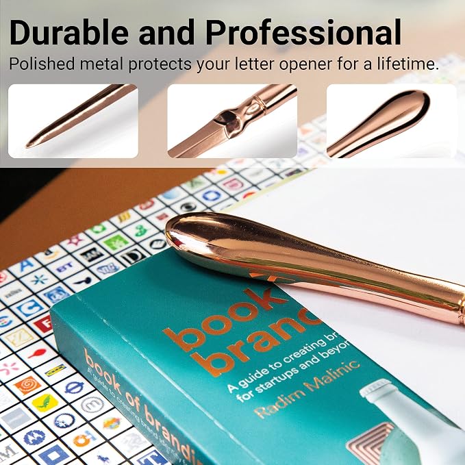 Rose Gold Letter Opener Knife - Smooth Metal Plated Envelope Opener - Ergonomic Rounded Handle for Comfort - Home and Office Mail Supplies - 2 Pack