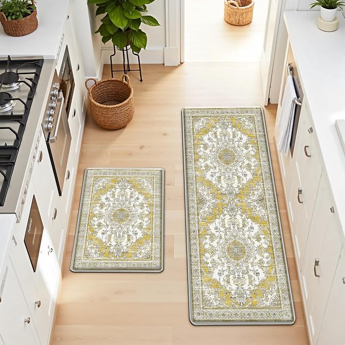 Boho Kitchen Mats for Floor 2 Piece Set Anti Fatigue Cushioned PVC Kitchen Rugs Non Slip Waterproof Farmhouse Mats 2/5 Inch Comfort Standing Mat for Sink, Laundry, 17.3"x47"+17.3"x28", Yellow