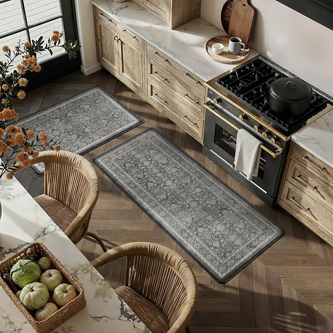 PureCozy Kitchen Mats 2PCS Anti Fatigue Cushioned Mat Black Vintage Kitchen Mats for Floor Waterproof Non Slip Comfort Standing Distressed Rug for Sink Laundry Office 17.3"x47"+17.3"x30"