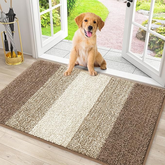 Smiry Dog Door Mat for Muddy Paws, Absorbs Moisture and Dirt, Low-Profile Entryway Mat with Non-Slip Backing, Entry Indoor Outdoor Doormat for Inside Floor (30x20 Inches, Khaki, Striped)