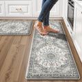 Boho Kitchen Mats for Floor 2 Piece Set Anti Fatigue Cushioned PVC Kitchen Rugs Non Slip Waterproof Farmhouse Mats 2/5 Inch Comfort Standing Mat for Sink, Laundry, 17.3"x59"+17.3"x28", Beige Grey