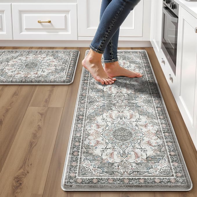 Boho Kitchen Mats for Floor 2 Piece Set Anti Fatigue Cushioned PVC Kitchen Rugs Non Slip Waterproof Farmhouse Mats 2/5 Inch Comfort Standing Mat for Sink, Laundry, 17.3"x59"+17.3"x28", Beige Grey