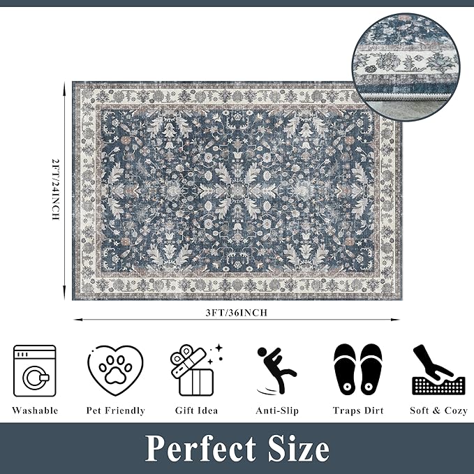 2x3 Non-Slip Washable Kitchen Rug - Boho Soft Small Area Rug for Sink, Entryway, Pet Area & Bathroom - Low Pile Thin Indoor Door Mat (Blue,2x3)