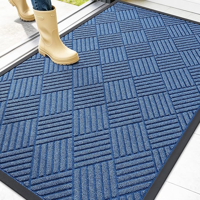 OLANLY Front Door Mat Outside Entrance 47x32, Absorbent, Heavy Duty Sturdy Natural Rubber Doormat Indoor Outdoor, Stain Fade Resistant, Non-Slip Low Profile Floor Mat for Entryway, Ocean Blue Diamond