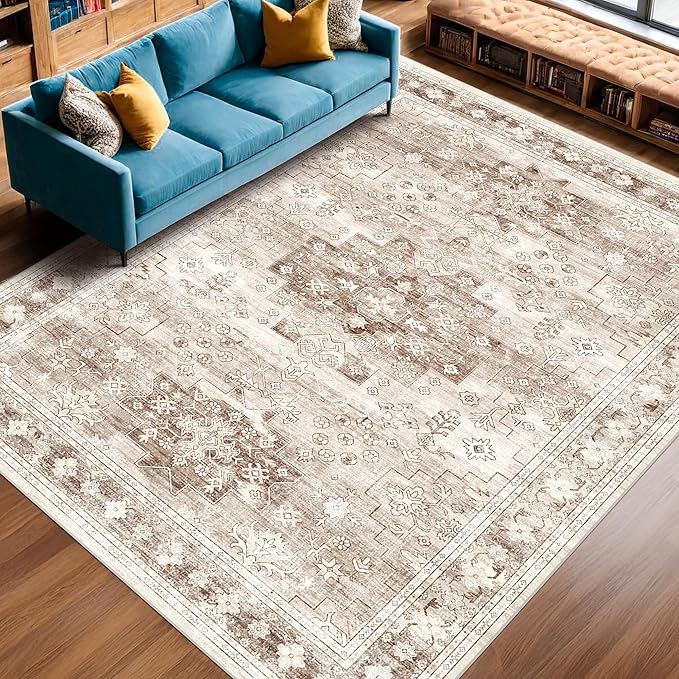 Washable Farmhouse Living Room Rug, 10x14 Area Rugs for Bedroom, Dining Room Under Table Carpet, Kids Room, Extra Large Boho Vintage Non-Slip Rugs Low Pile Stain Resistant (10x14 Beige/Latte)