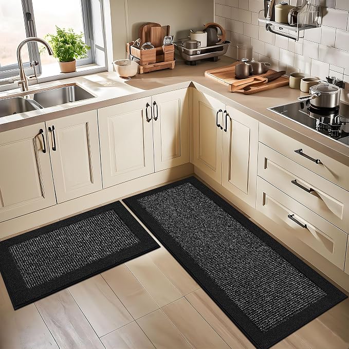BEQHAUSE Kitchen Rugs and Mats Set of 2 Non-Slip Kitchen Mats for Floor, Absorbent and Stain Resistant Kitchen Runner, Machine Washable Rugs for Kitchen, Laundry & Sink, 20"x32"+20"x48", Black