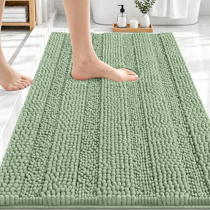 OLANLY Thick Bathroom Rugs 30x20, Extra Soft Absorbent Chenille Striped Bath Rugs, Rubber Backing, Machine Wash Dry, Bath Mats for Bathroom Floor, Tub and Shower, Home Decor Accessories, Sage Green