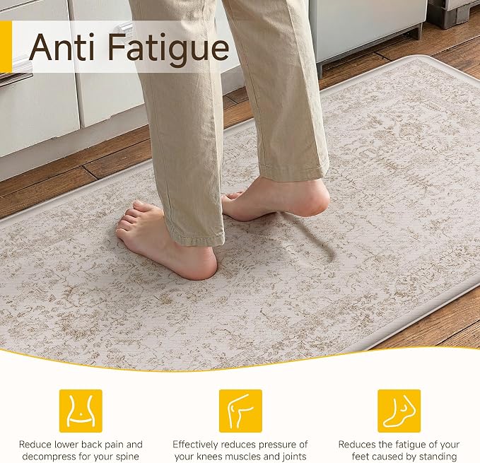 PureCozy Kitchen Mats 2PCS Anti Fatigue Cushioned Mat Light Brown Vintage Kitchen Mats for Floor Waterproof Non Slip Comfort Standing Retro Floral Rug for Sink Laundry Office 17.3"x59"+17.3"x30"